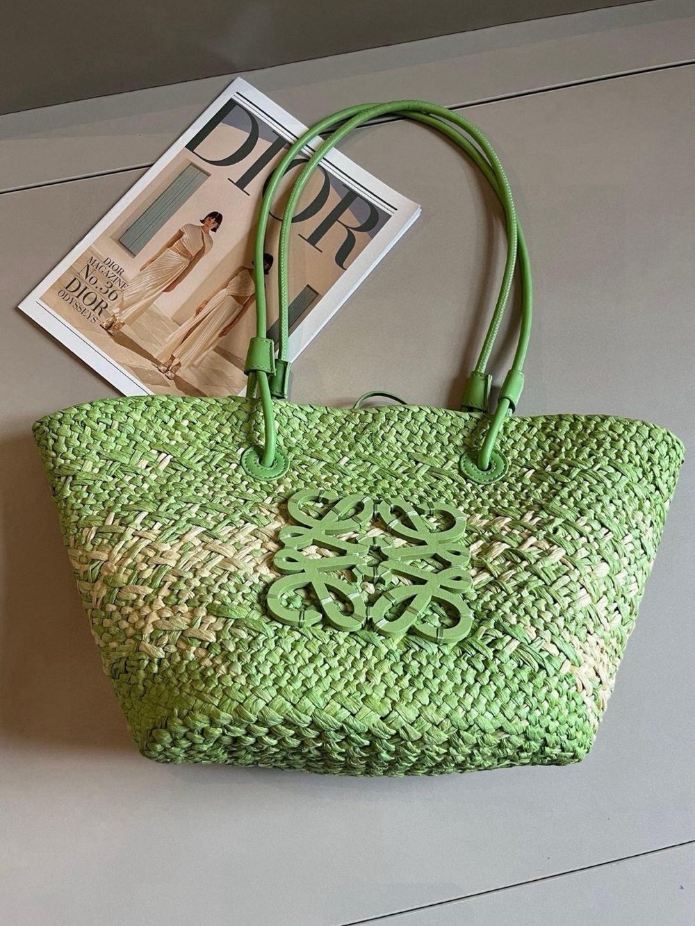 Loewe Lime Green Woven Anagram Tote - Picture 3 of 8